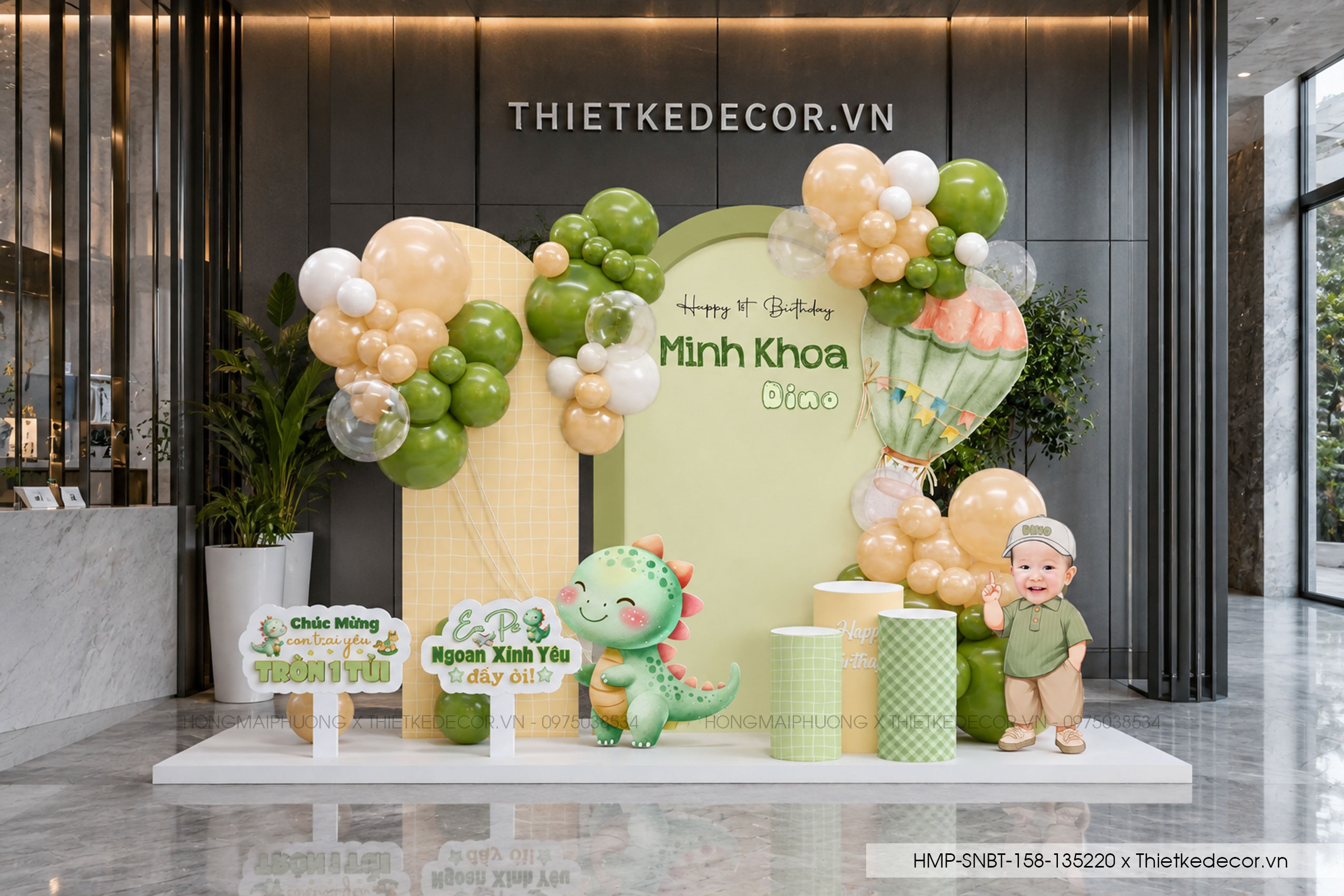 File thiết kế decor trang trí tiệc sinh nhật bé trai mix bong bóng cute dễ thương đáng yêu tone xanh lá cây mix vàng pastel chủ đề khủng long siêu yêu.